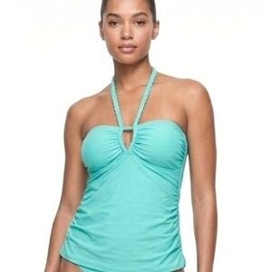 Liz Lange Maternity Tankini Top Women XXL Teal Braided Halter Ruched Swimwear